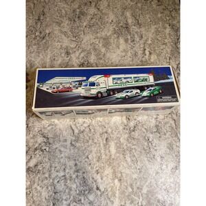 1997 Hess Toy Truck and Racers White Green Red Vintage Collectible with Box